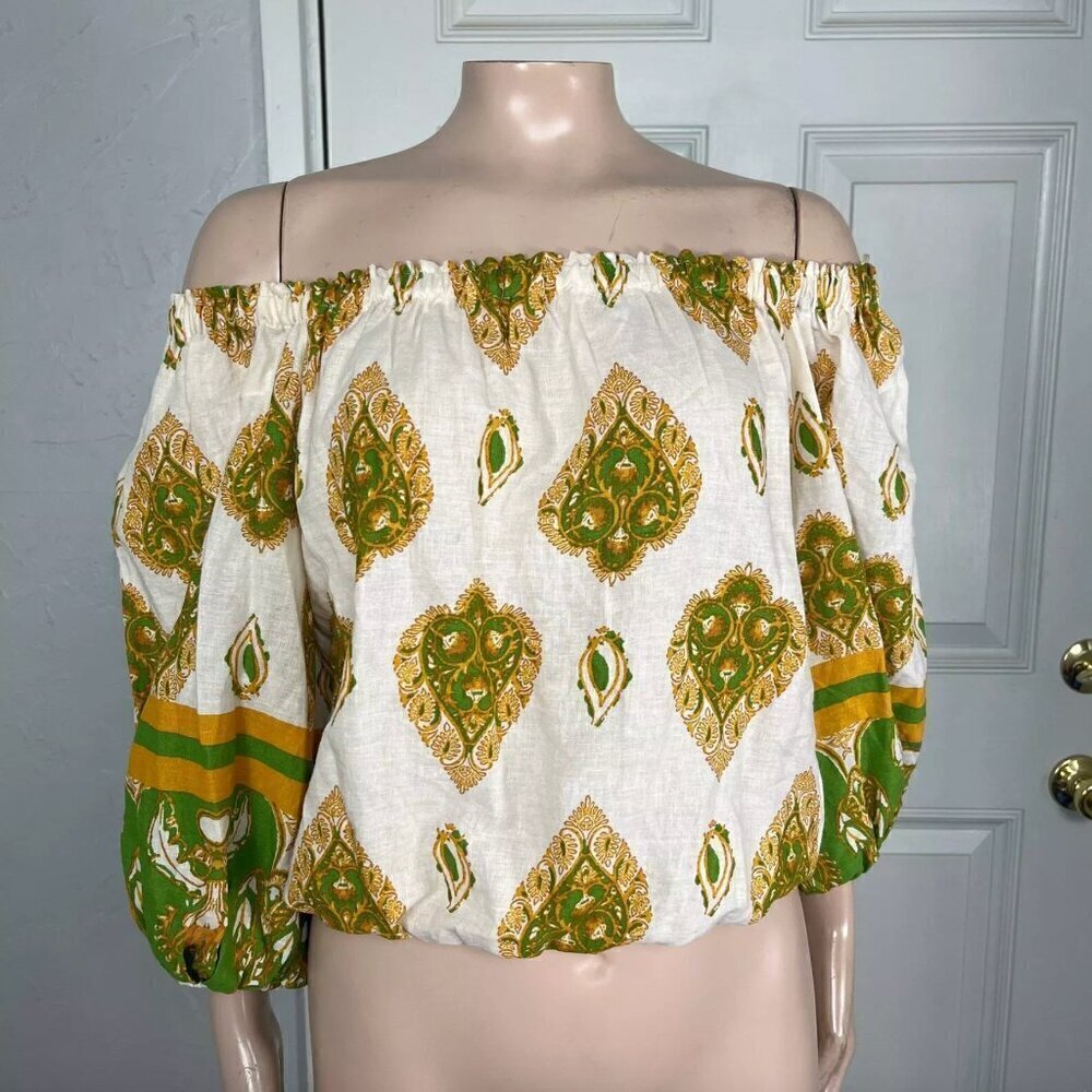 Haute Hippie Peasant Blouse L NWT Printed Boho Festival Linen Blend Off Shoulder